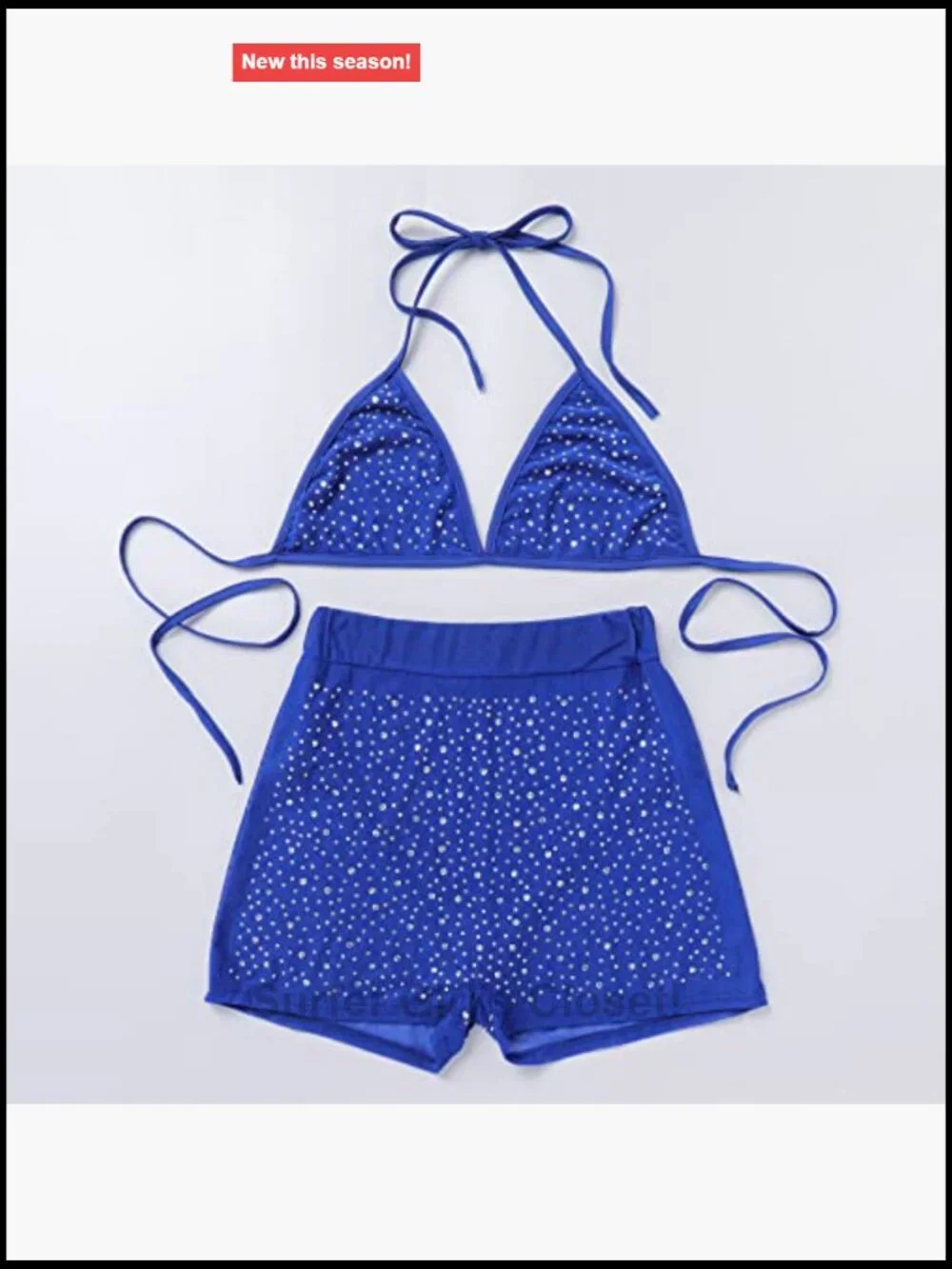 Sheer Rhinestone Mesh Halter Bikini Set High Waist Shorts Rave Festival Outfit
